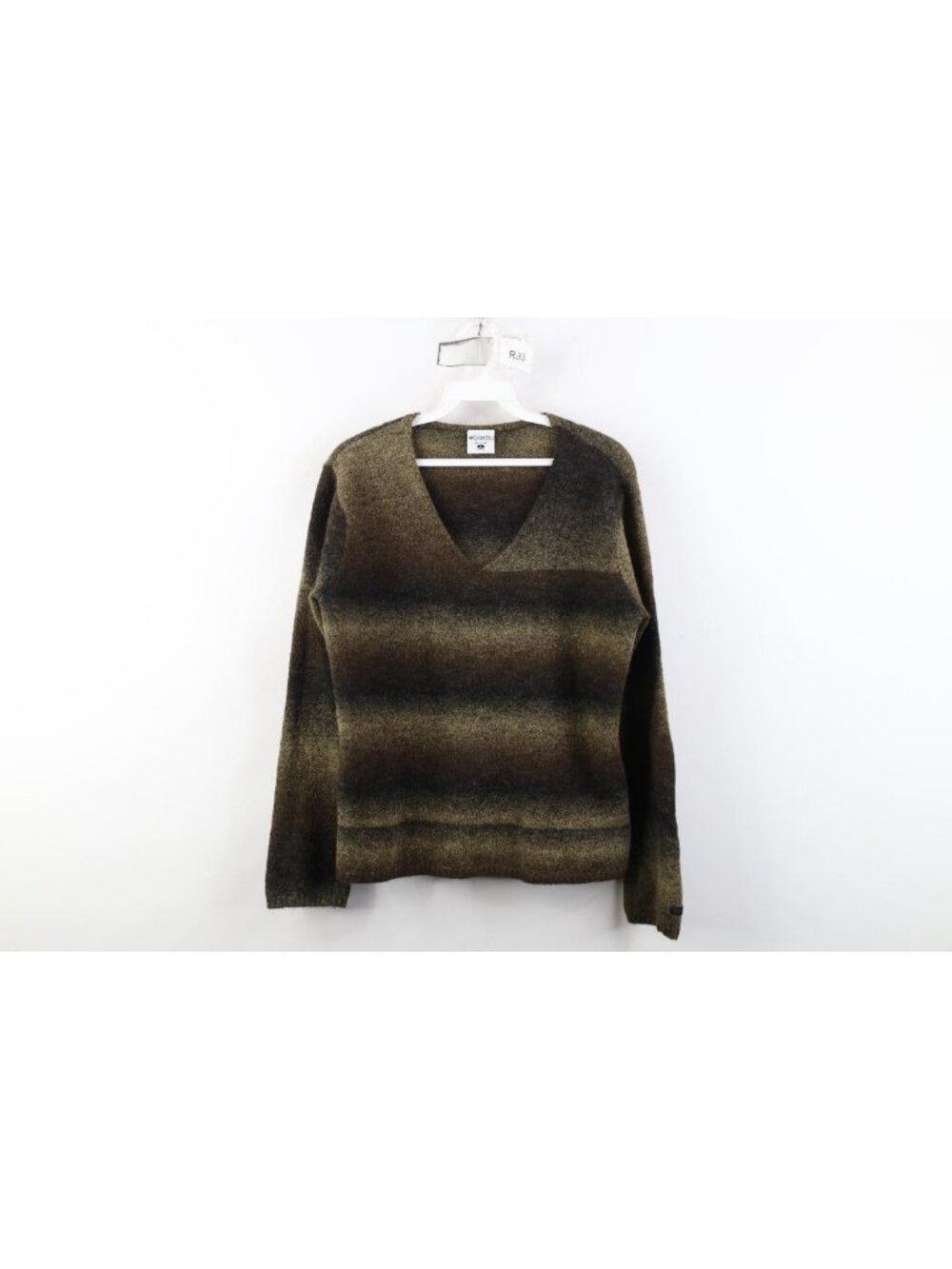Vintage Columbia Womens Large Earth Tone Striped Wool Blend Knit V-Neck Sweater